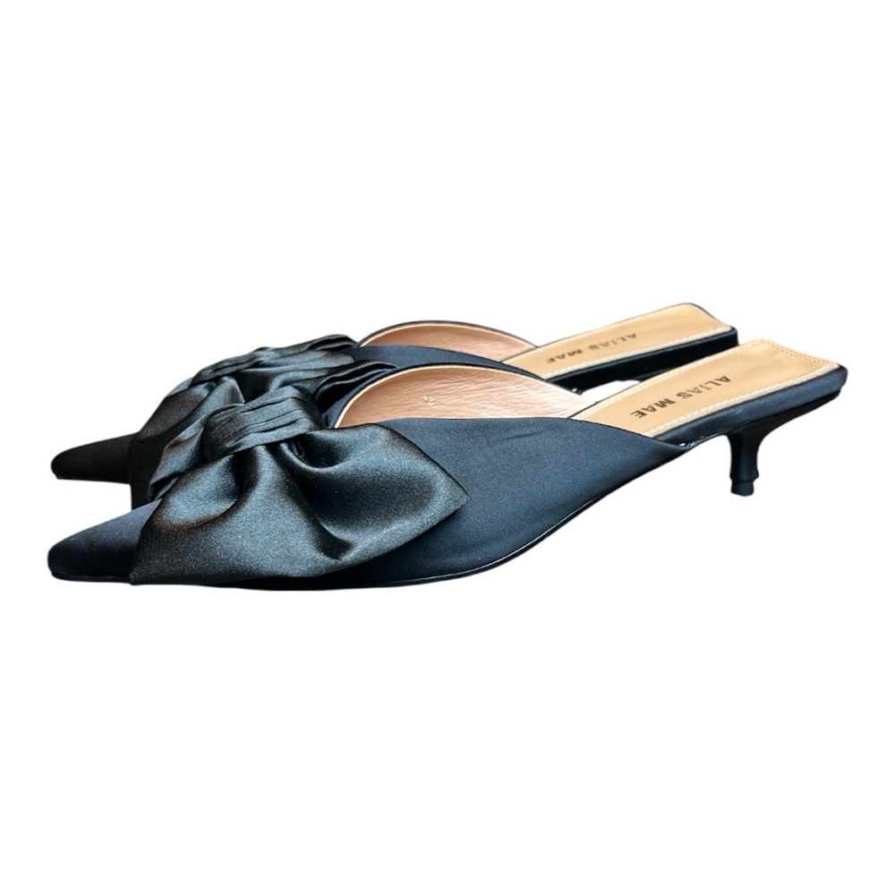 Alias Mae Satin Black Bow Kitten Heel Mules SZ 38